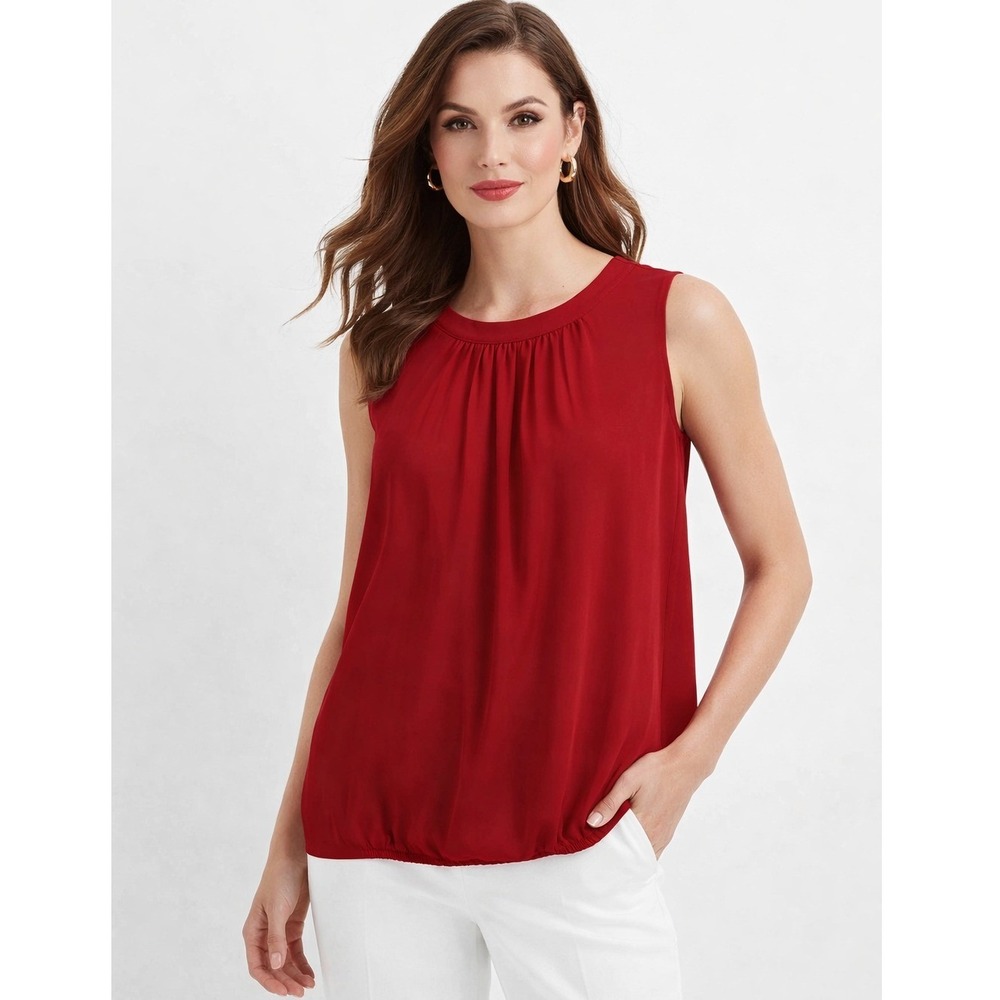Sleeveless Red Gathered Neck Blouse